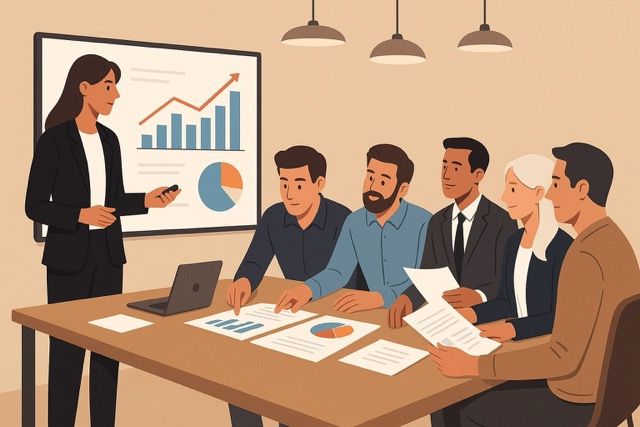 Founders presenting startup pitch to angel investors in a modern office