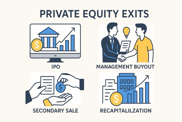 Illustration of various private equity exit paths including IPOs, buyouts, and strategic sales