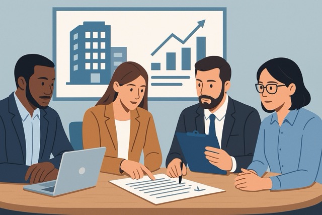 Group of investors discussing a property deal in a modern office setting