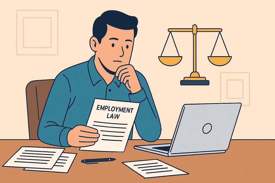 A business owner reviewing employment law documents at a desk with scales of justice.