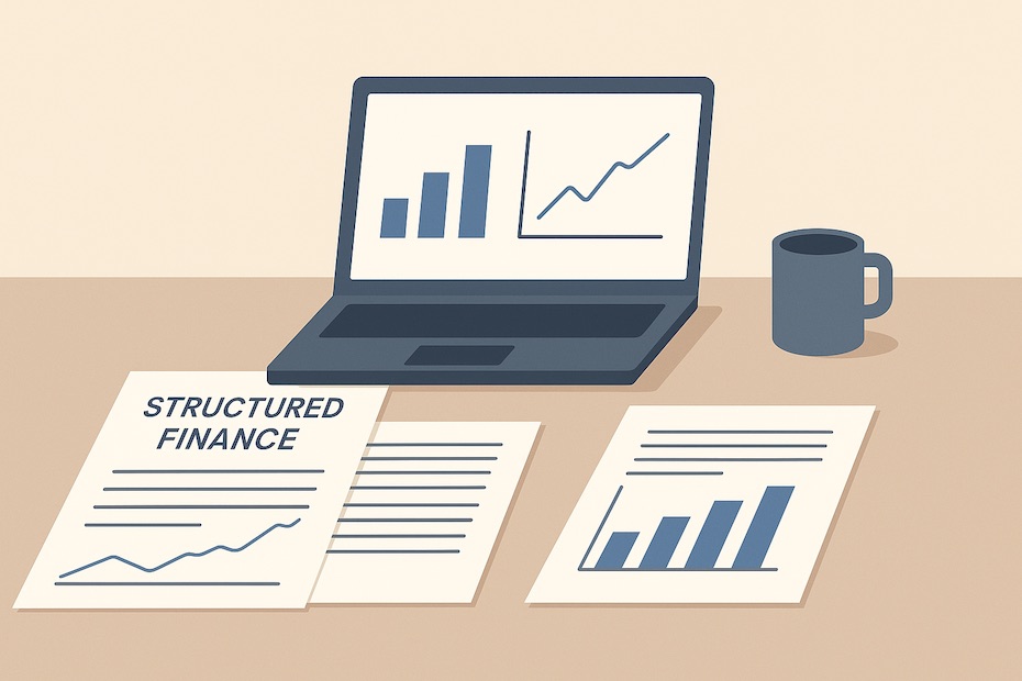 A modern financial office desk with documents, charts, and a laptop, representing structured finance trends.