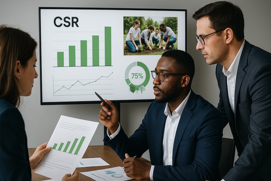 Executives reviewing sustainability metrics, community projects, and environmental charts to represent corporate social responsibility.