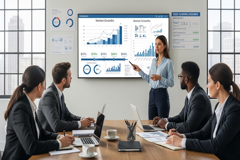 A startup founder presenting a pitch deck with financial charts to engaged investors in a professional meeting.