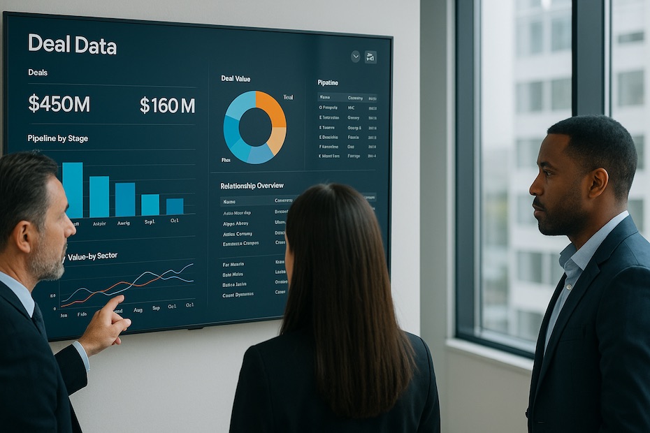 Private equity professionals reviewing deal data on digital dashboards in a modern office.