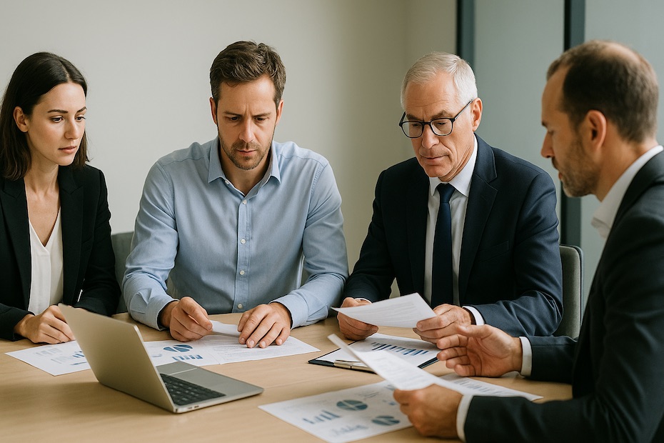 Founders and private equity investors reviewing deal documents in a modern conference room.