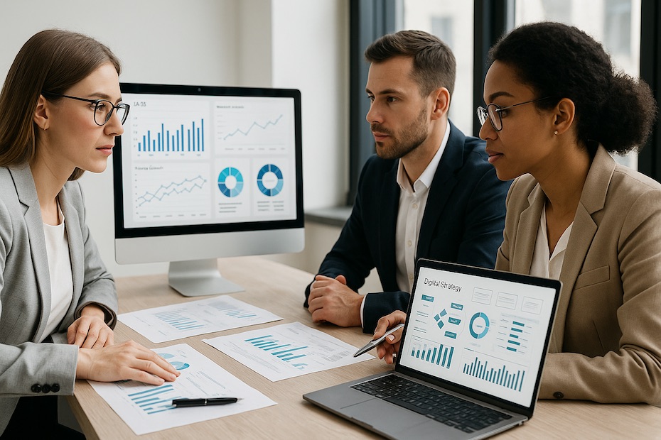 Business consultants analyzing data dashboards and digital strategy plans in a modern office.