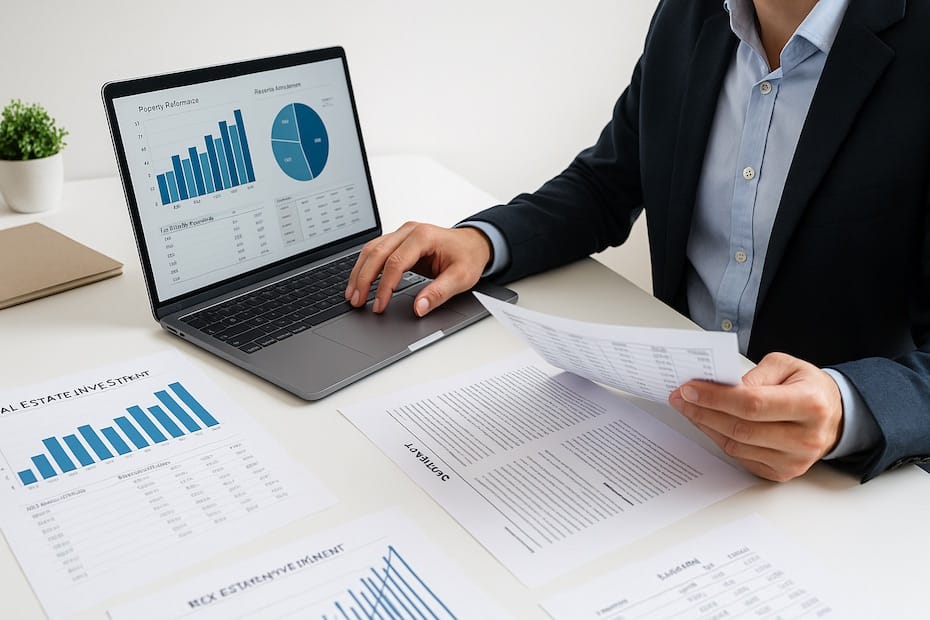 Professional investor analyzing commercial property data and financial documents at a clean modern desk.