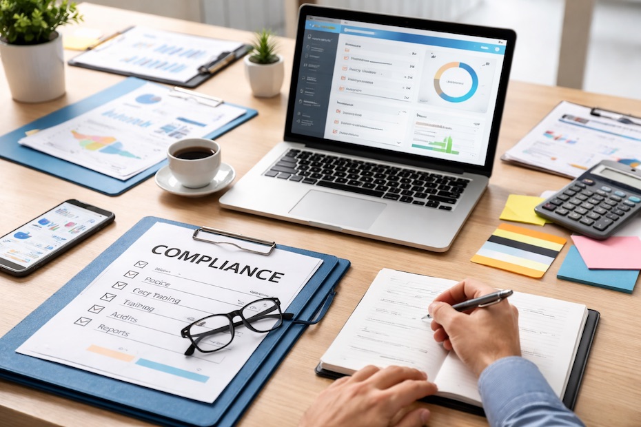 Small business team reviewing compliance policies on a professional office desk.