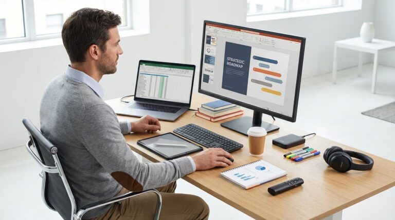 Strategy consultant using laptop with PowerPoint, Excel, Miro, and research tools open for client deliverables