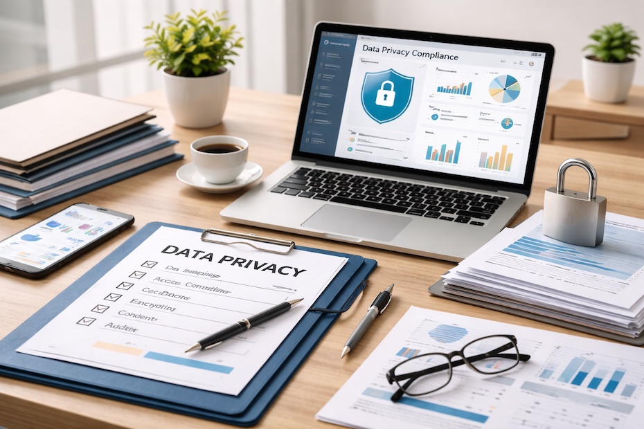Professional workspace showing data protection documents and a secure laptop