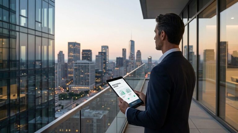 Investor using a smartphone app to buy fractional real estate shares with a city skyline in the background
