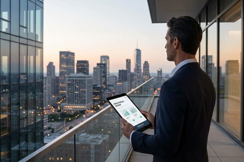 Investor using a smartphone app to buy fractional real estate shares with a city skyline in the background