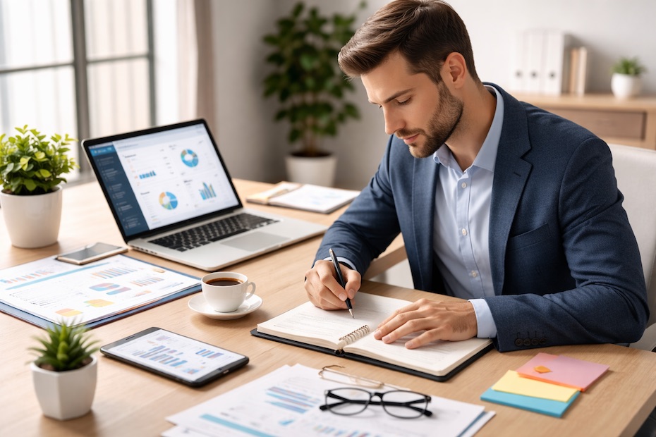 Entrepreneur reviewing strategic notes in a professional workspace.