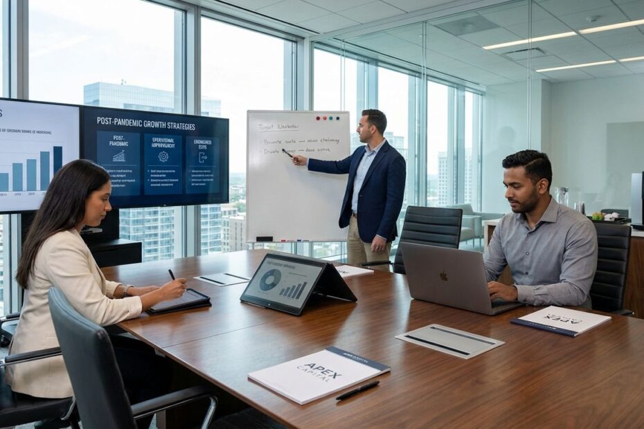 Two private equity professionals reviewing deal financing and exit plans on a laptop in a modern office.
