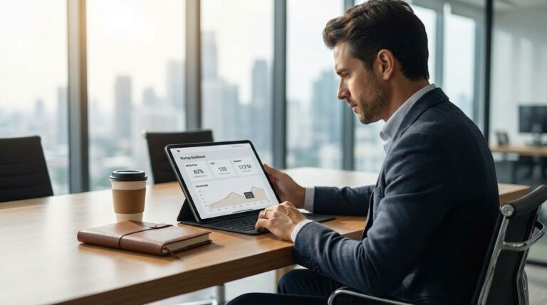 Founder reviewing retention and burn-rate metrics on a laptop to prevent startup failure