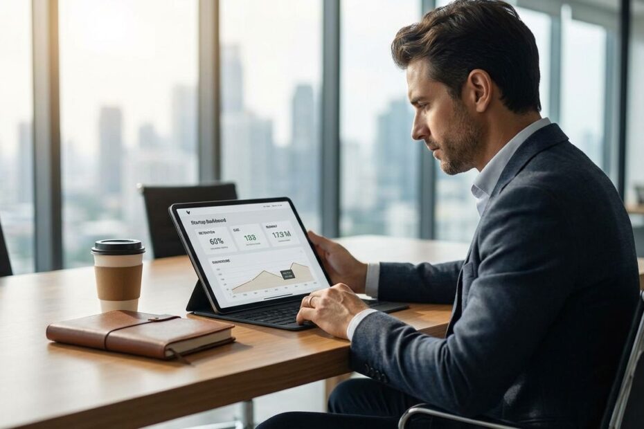 Founder reviewing retention and burn-rate metrics on a laptop to prevent startup failure