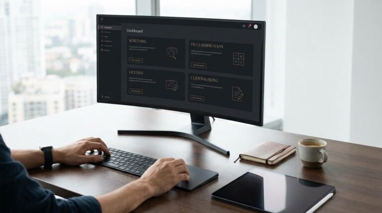 Trade compliance manager reviewing international trade management platforms on a laptop with shipping documents and a world map.