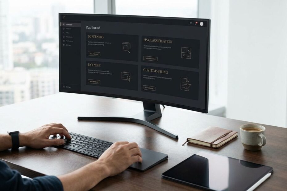 Trade compliance manager reviewing international trade management platforms on a laptop with shipping documents and a world map.
