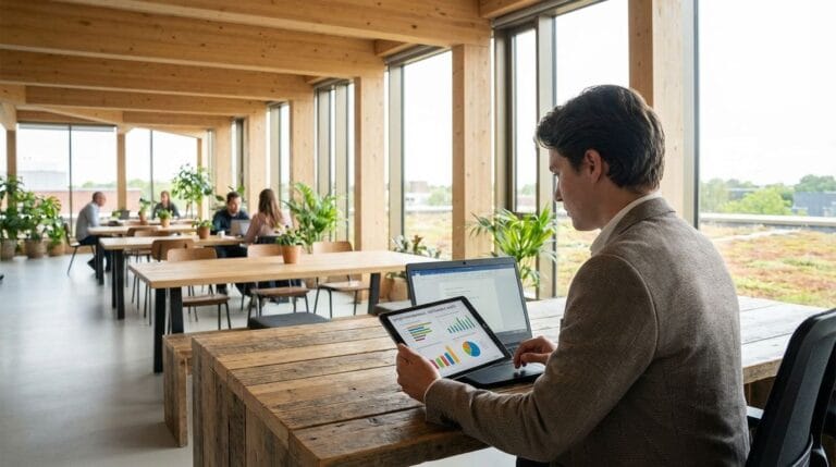 Investor reviewing energy performance charts on a laptop inside a modern green office building
