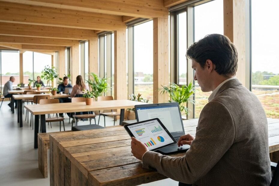 Investor reviewing energy performance charts on a laptop inside a modern green office building