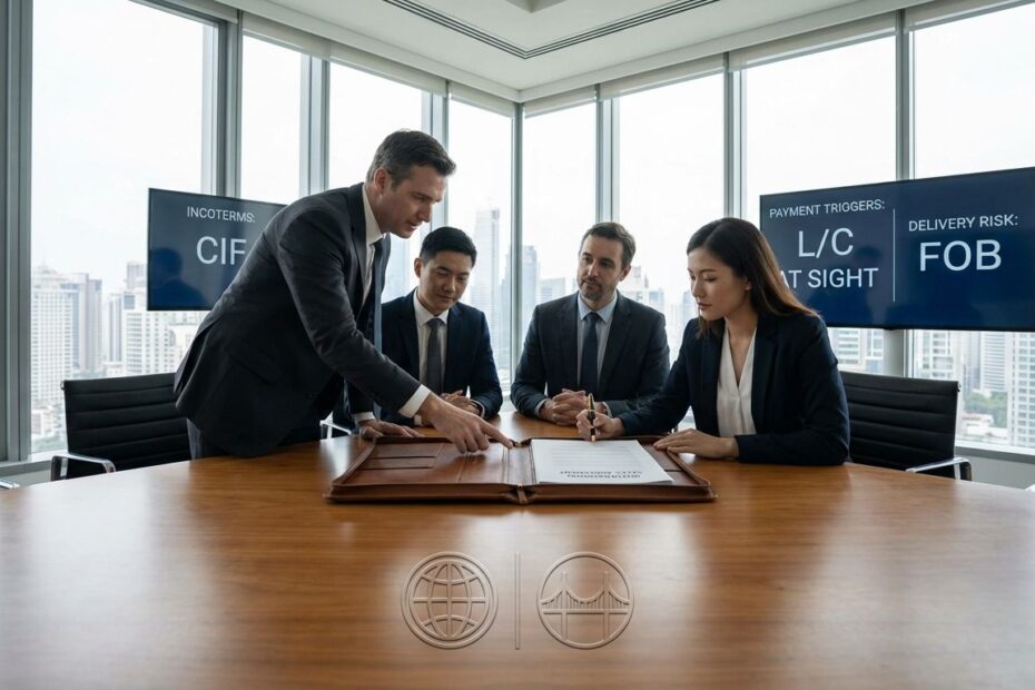 Two business professionals shaking hands over an international contract with shipping documents and a world map on the table