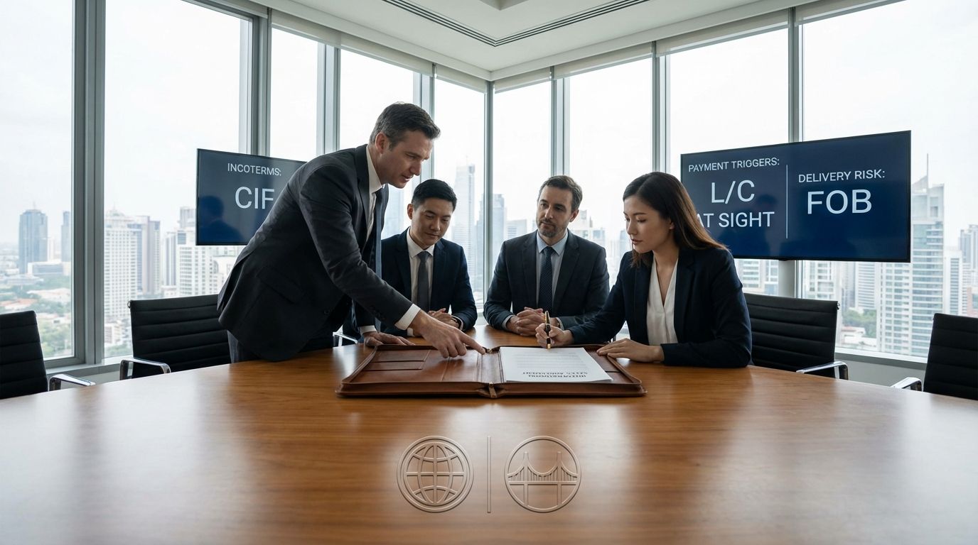 Two business professionals shaking hands over an international contract with shipping documents and a world map on the table