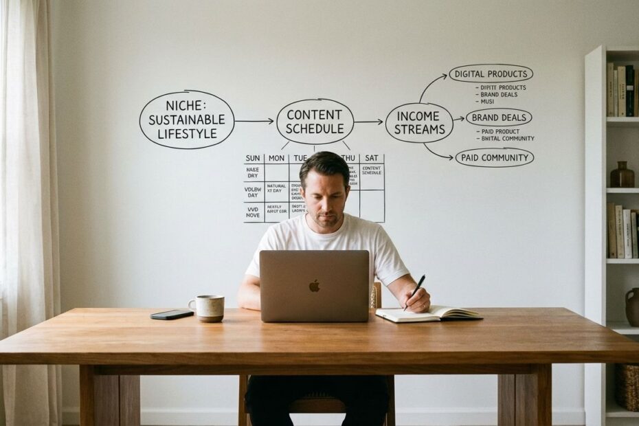 Creator at a laptop planning content and revenue streams for a creator economy business