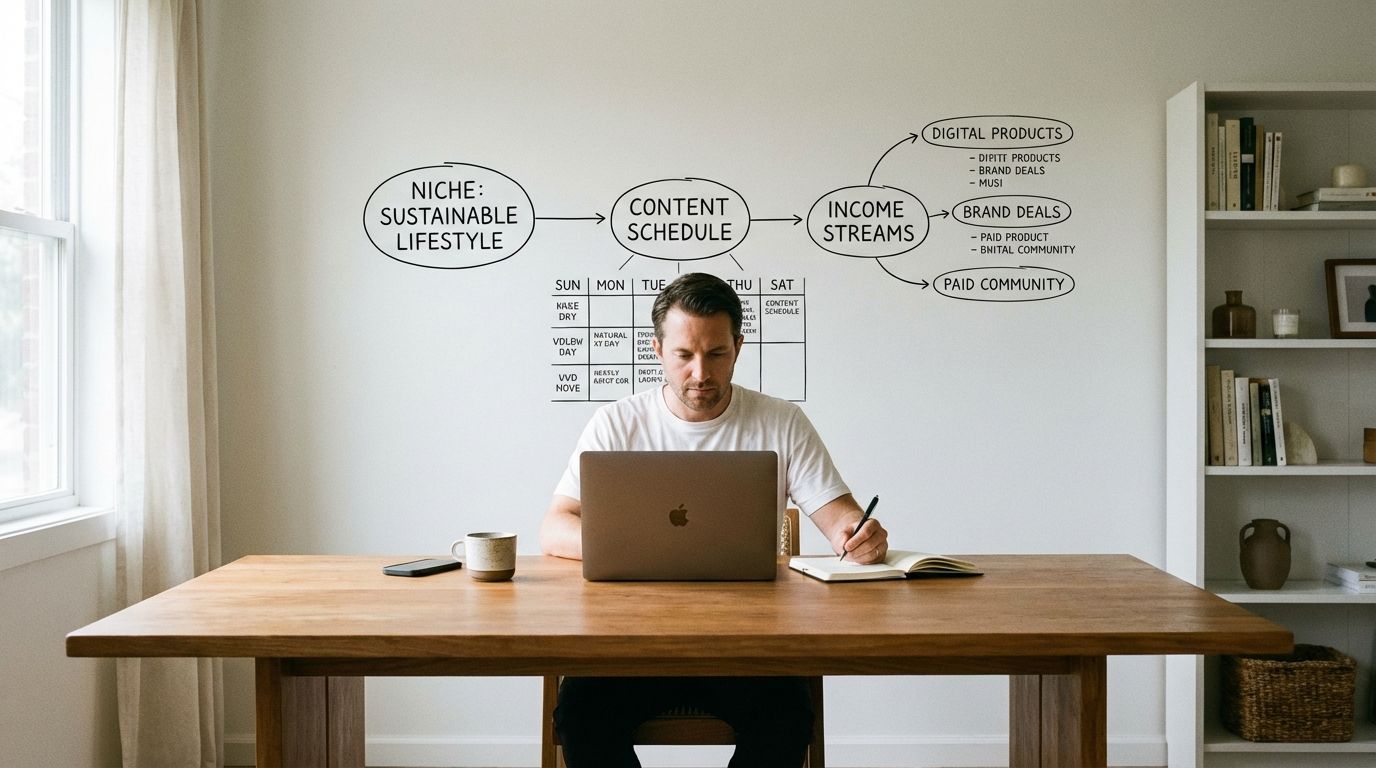 Creator at a laptop planning content and revenue streams for a creator economy business