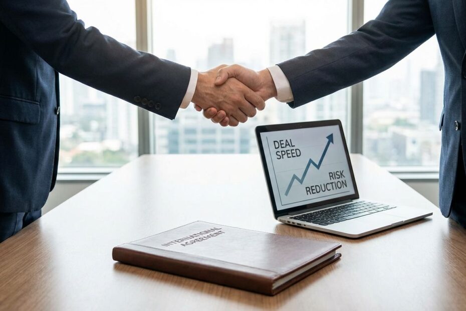 Two business professionals shaking hands over a signed contract during an international video call