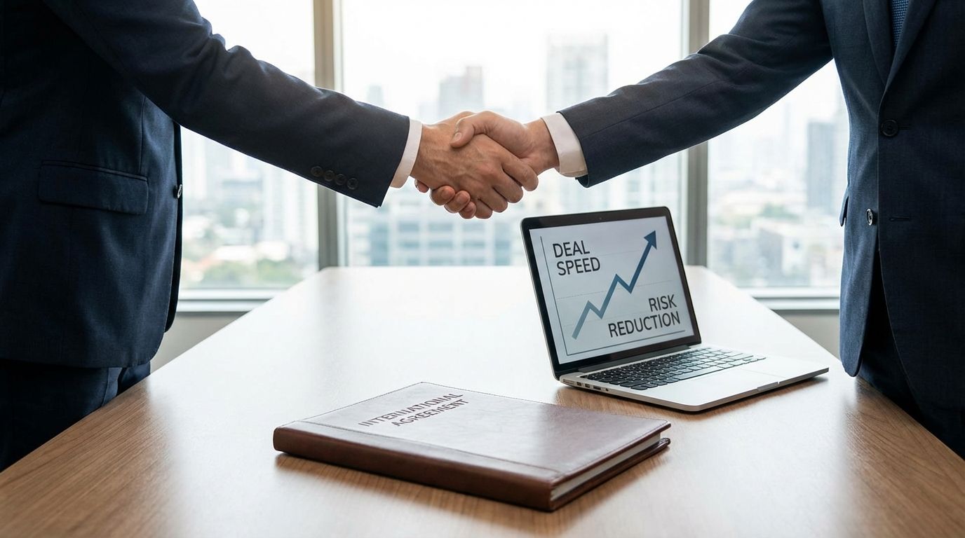 Two business professionals shaking hands over a signed contract during an international video call