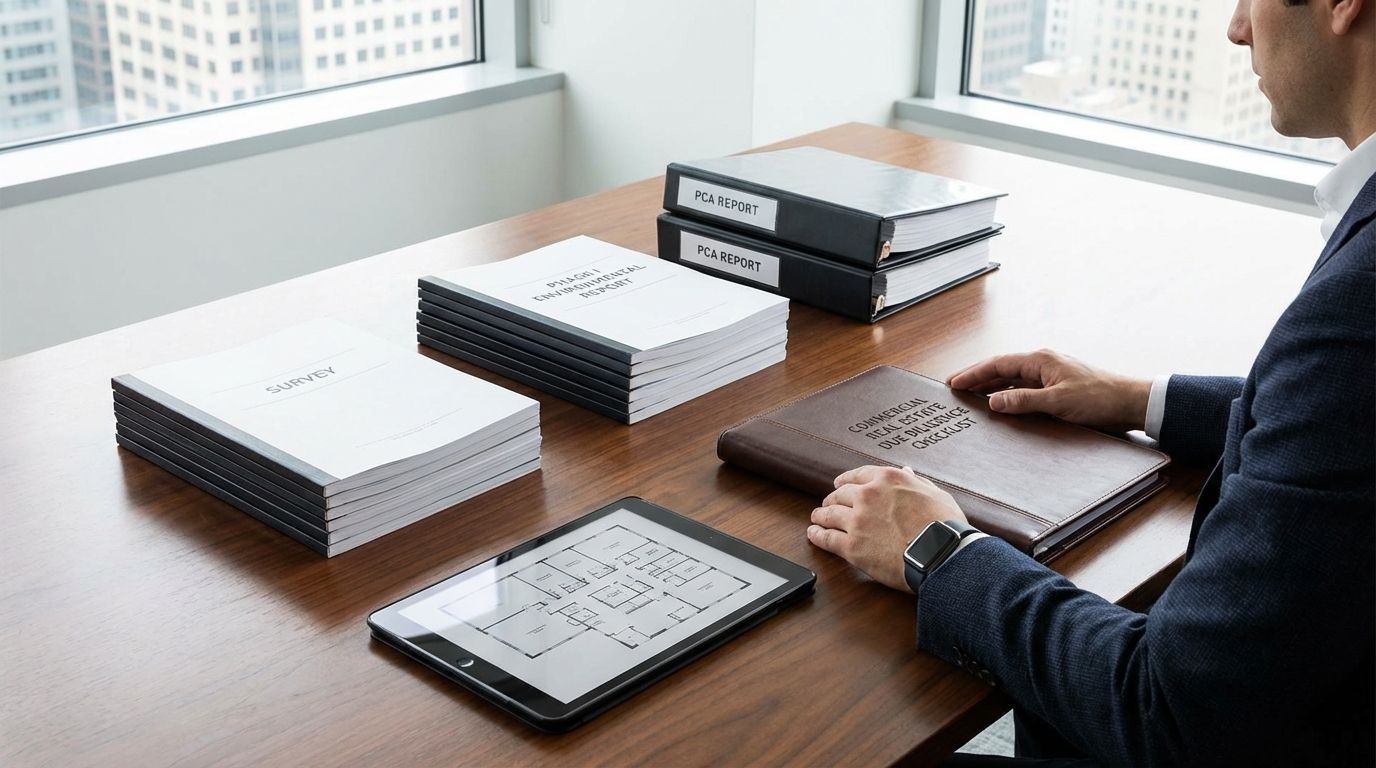 Commercial real estate investor reviewing due diligence checklist with property inspection reports and lease documents.