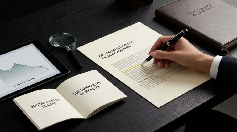 Private equity professional reviewing ESG reports and diligence documents at a desk