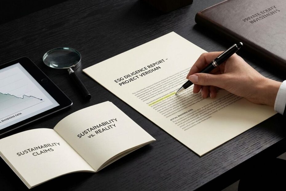 Private equity professional reviewing ESG reports and diligence documents at a desk
