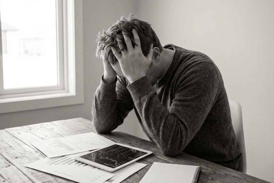 Entrepreneur sitting at a desk reviewing business reports with a stressed expression, reflecting the brutal truths of building a business