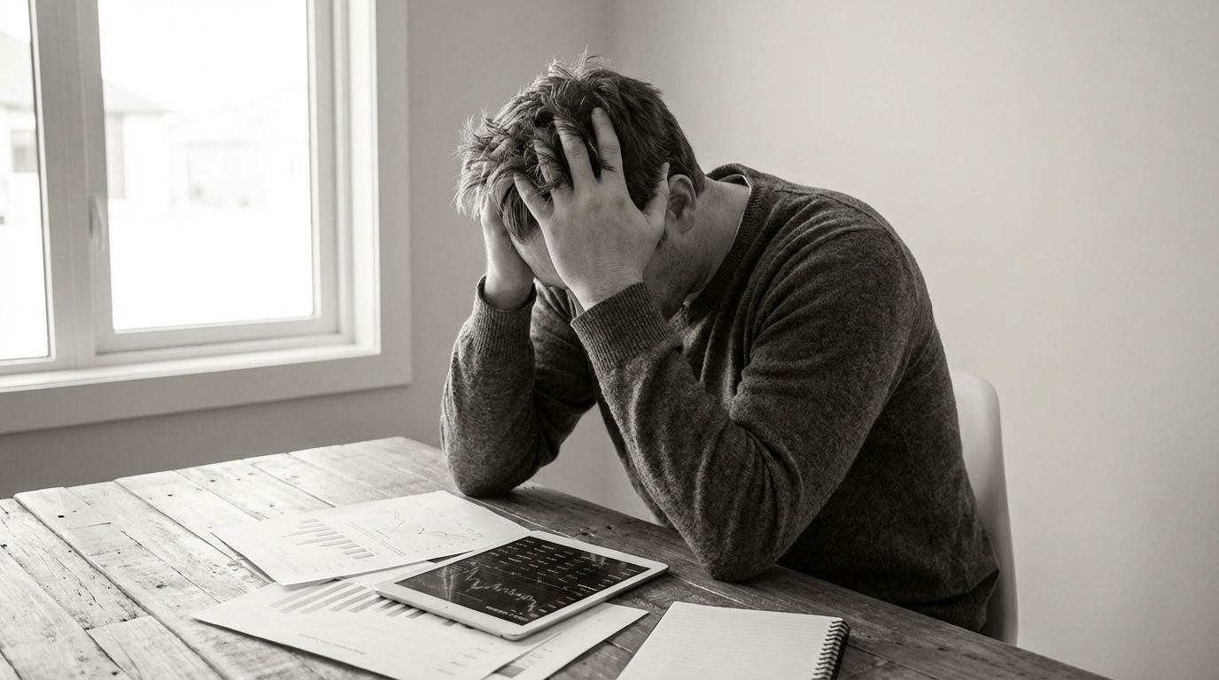 Entrepreneur sitting at a desk reviewing business reports with a stressed expression, reflecting the brutal truths of building a business