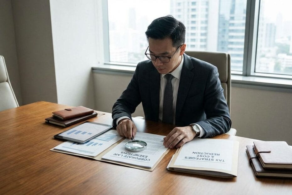 Business owner reviewing corporate law and tax documents at a desk to find legal ways to save the company money