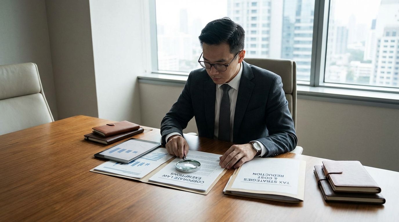 Business owner reviewing corporate law and tax documents at a desk to find legal ways to save the company money