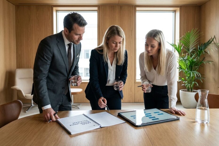 Business owner reviewing a legal compliance program checklist with a team in an office
