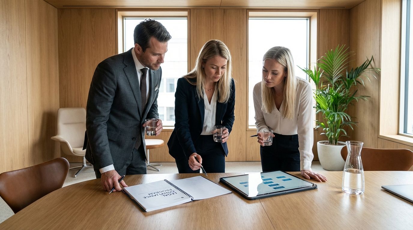 Business owner reviewing a legal compliance program checklist with a team in an office