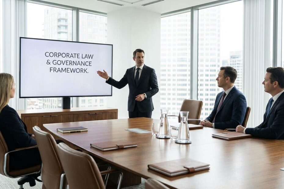 Corporate lawyer explaining board governance rules to executives in a meeting room