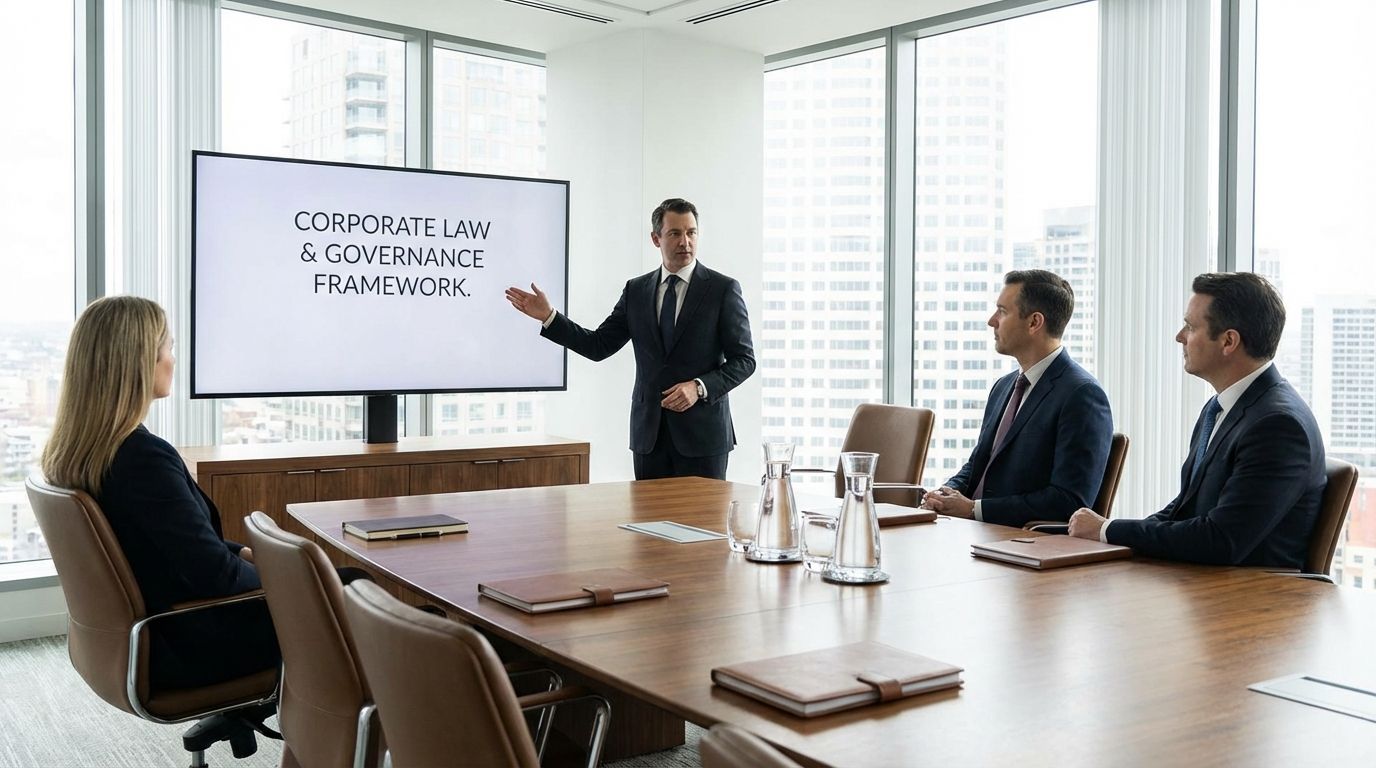 Corporate lawyer explaining board governance rules to executives in a meeting room