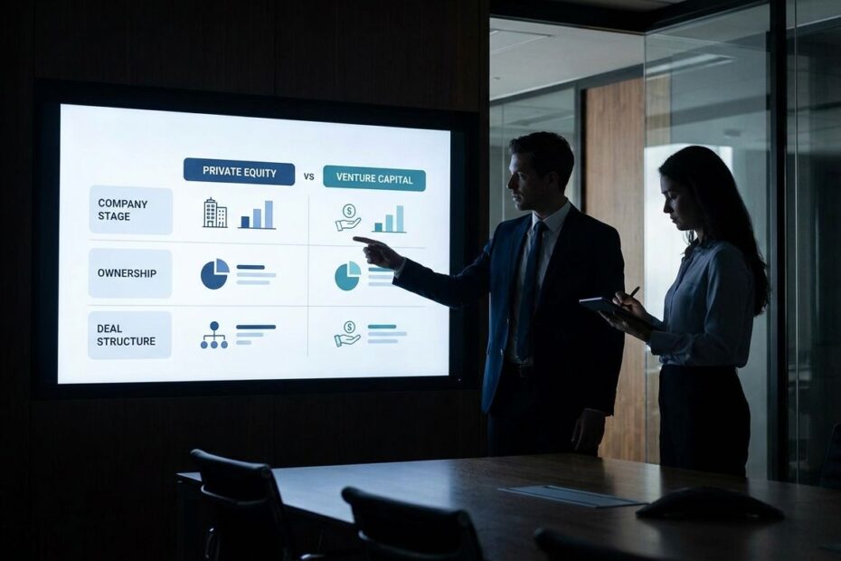 Finance professionals comparing private equity and venture capital on a chart showing company stage, ownership, and risk