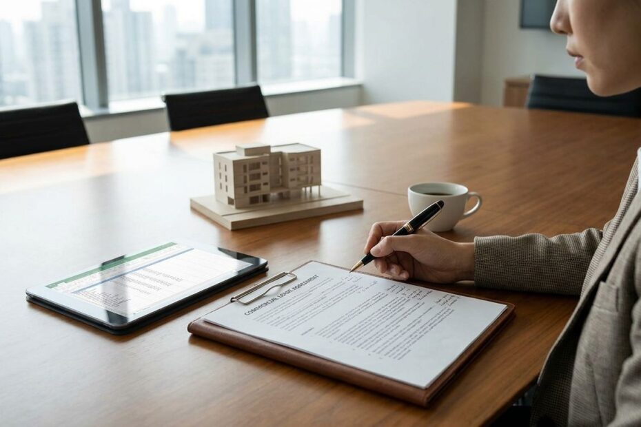 Business professional reviewing a commercial real estate lease agreement in an office