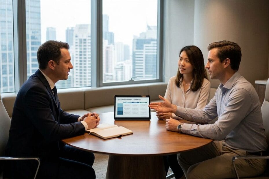 Consultant presenting a new pricing model to a client team in a modern office