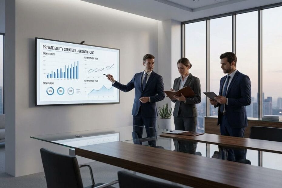 Business professionals reviewing a private equity deal strategy in a modern office