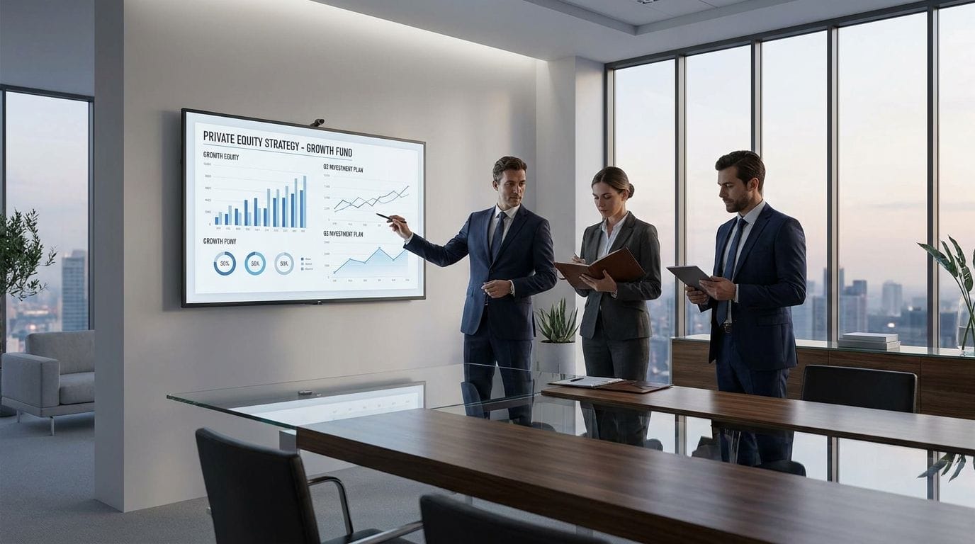 Business professionals reviewing a private equity deal strategy in a modern office