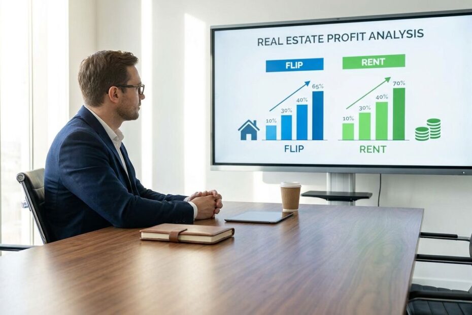 Investor reviewing flipping vs renting real estate profit data on a laptop with housing charts and documents