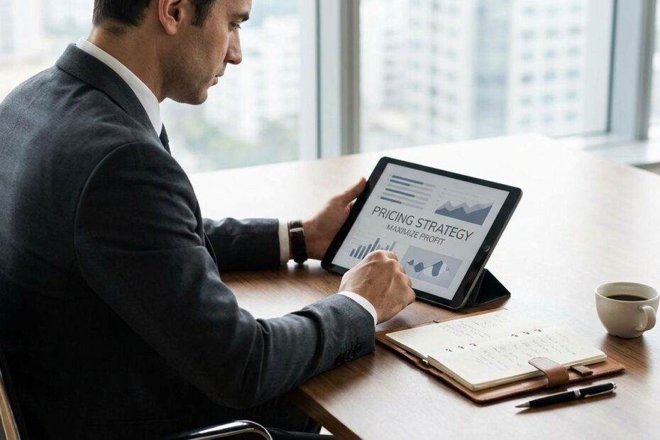 Consultant reviewing consulting pricing options and project fees on a laptop to improve profitability