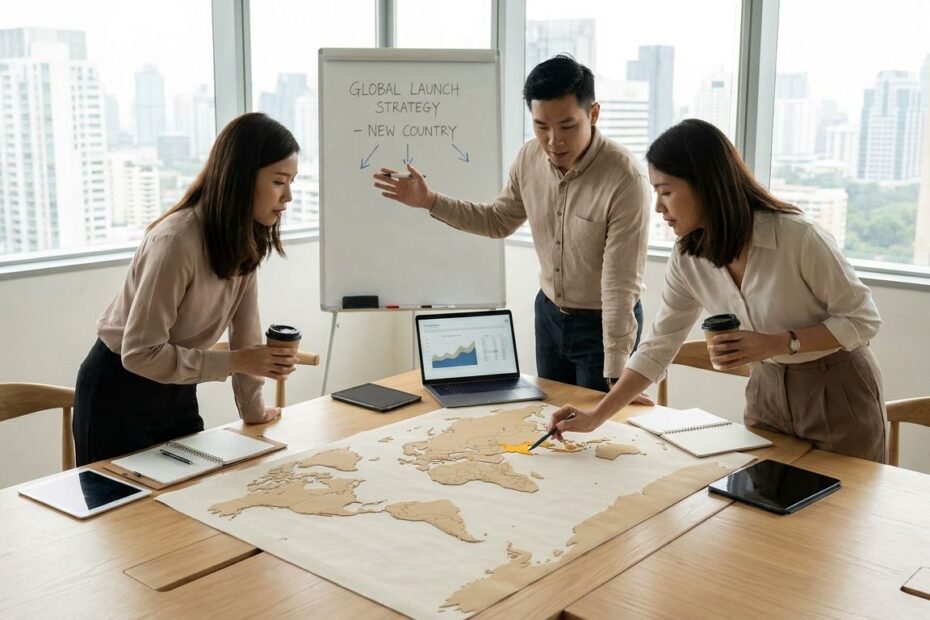 Business team reviewing a product launch plan for entering a new international market