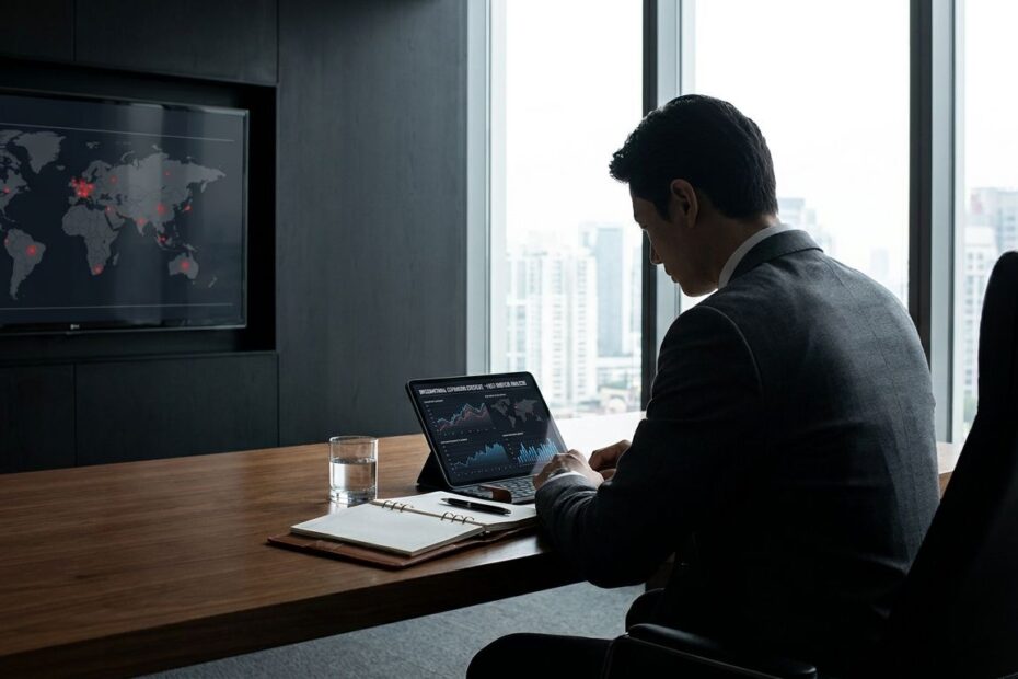 Business leader reviewing a failed international expansion strategy on a world map with market data charts